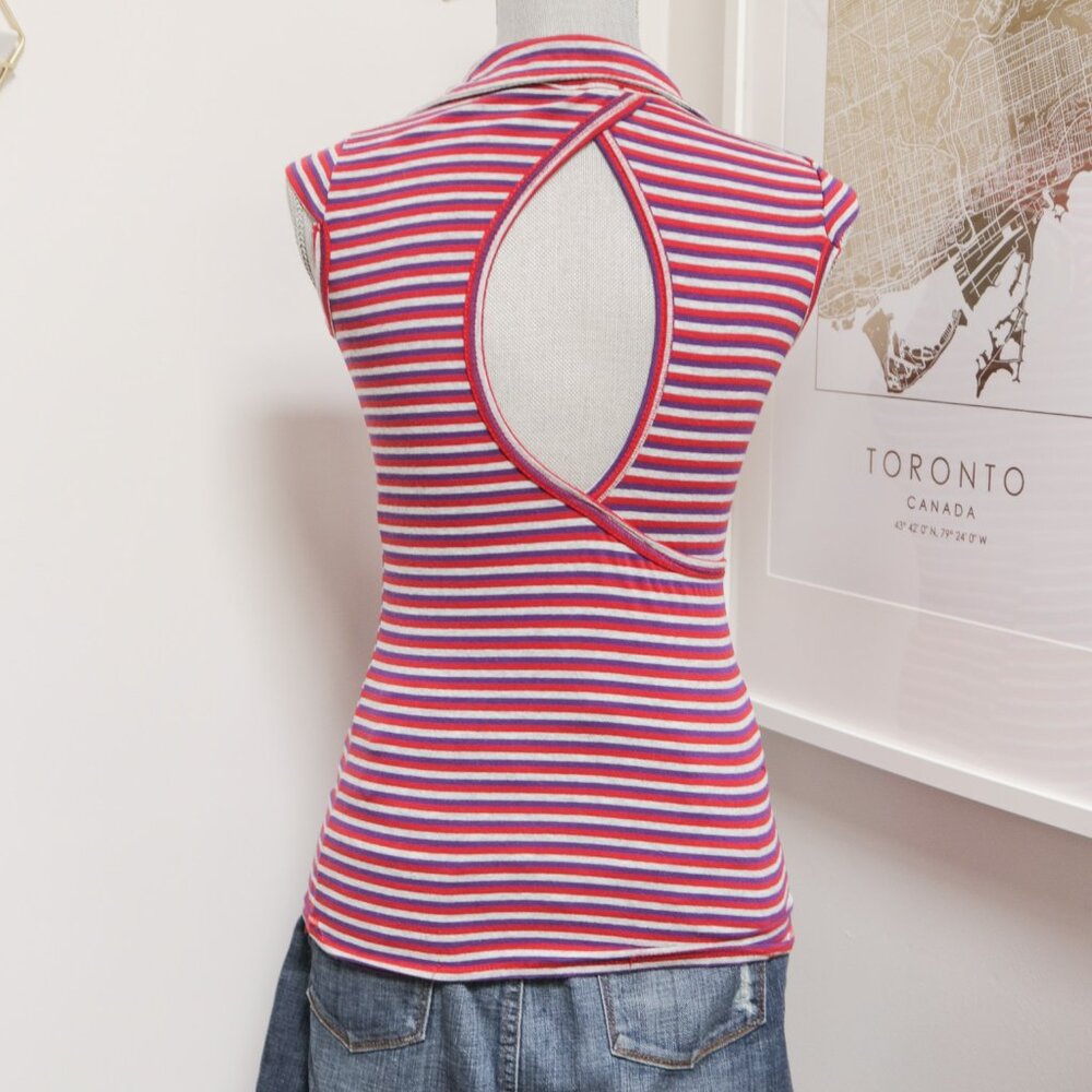 TALCO Red Purple Striped Capped Sleeve Tee Y2K - Picture 3 of 5